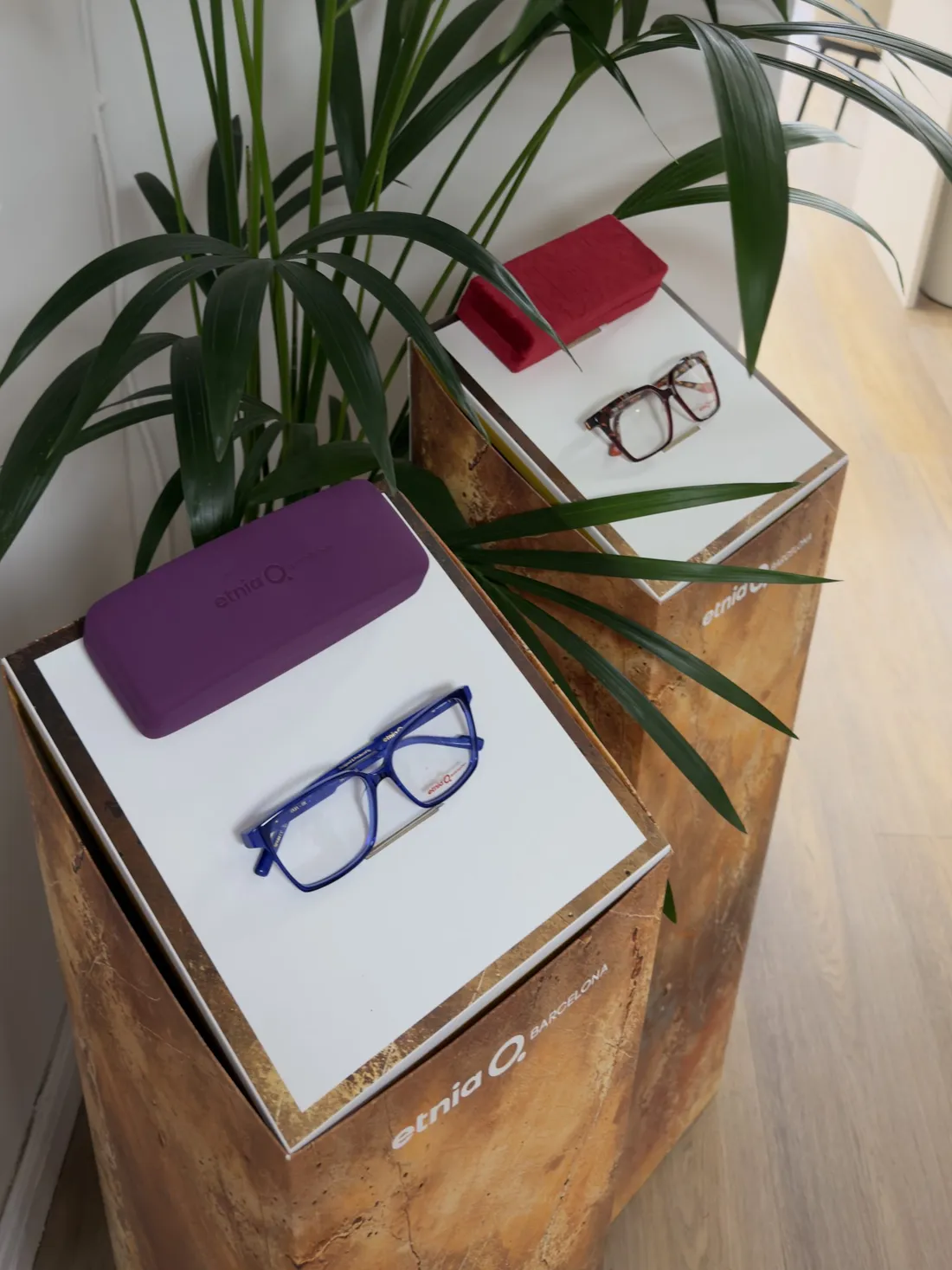 Frames and cases on a display plinth