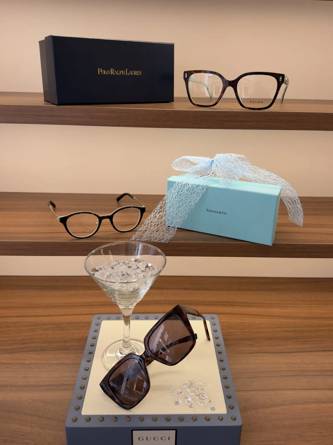 Designer frames styled on the display shelves