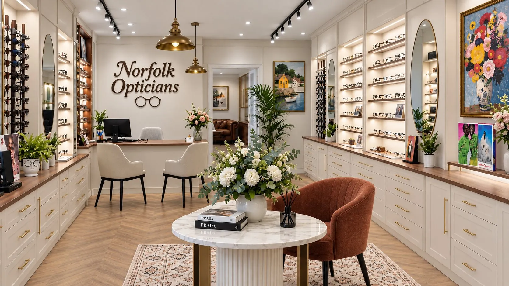 Inside Norfolk Opticians: the consultation desk beneath our lettering, with frame displays along both walls